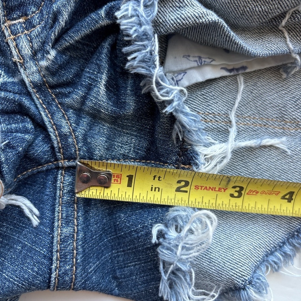 Womens L Cut Off Denim Shorts Y2K Low Rise Micro Distressed Blue Frayed Raw Hem - Picture 7 of 7